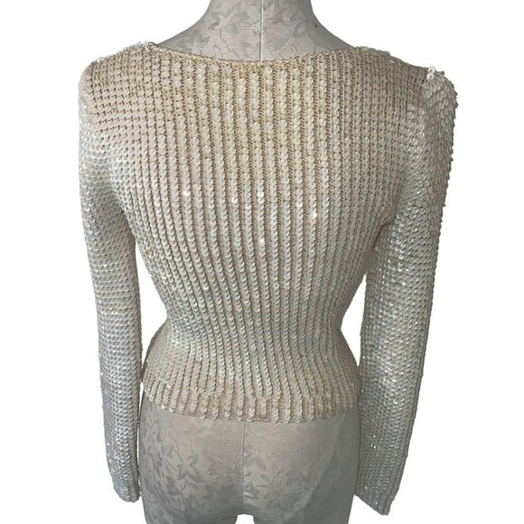 Sequin Vintage Womens Sweater Size Small Cream Knit Long Sleeve Scoop Neck - Picture 3 of 11
